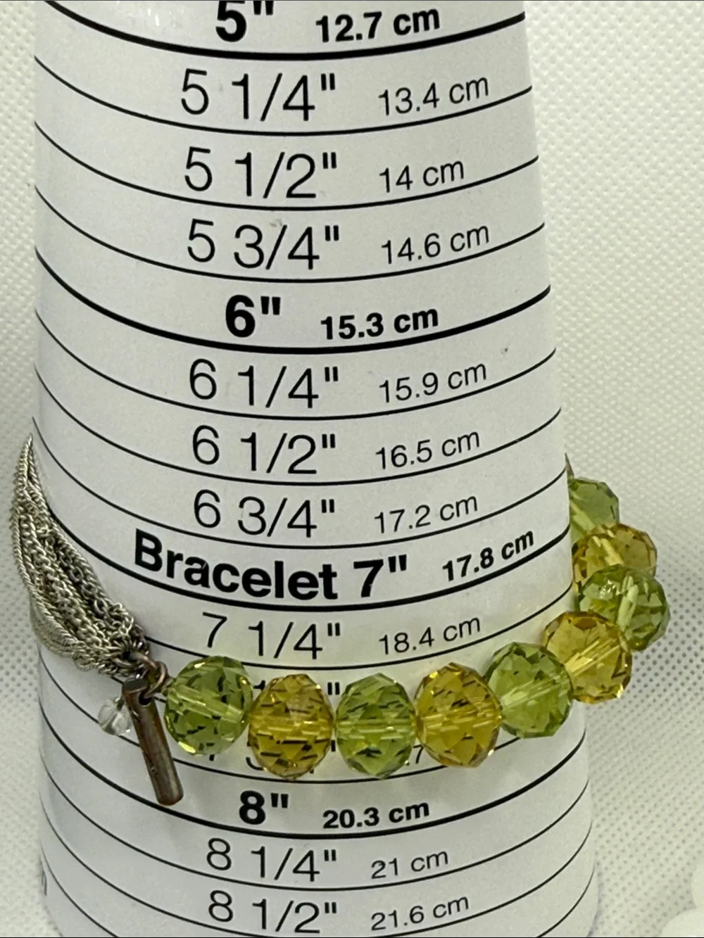 Kenneth Cole faceted Green Yellow Crystal Bead Bracelet silvertone stretch